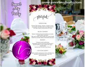 Floral burgundy Menu tea length template,Burgundy restaurant menu,(032w)